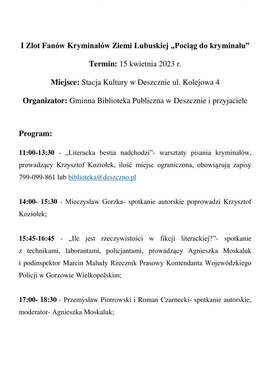 program 1 zlot fanów kryminałów ziemi lubuskiej