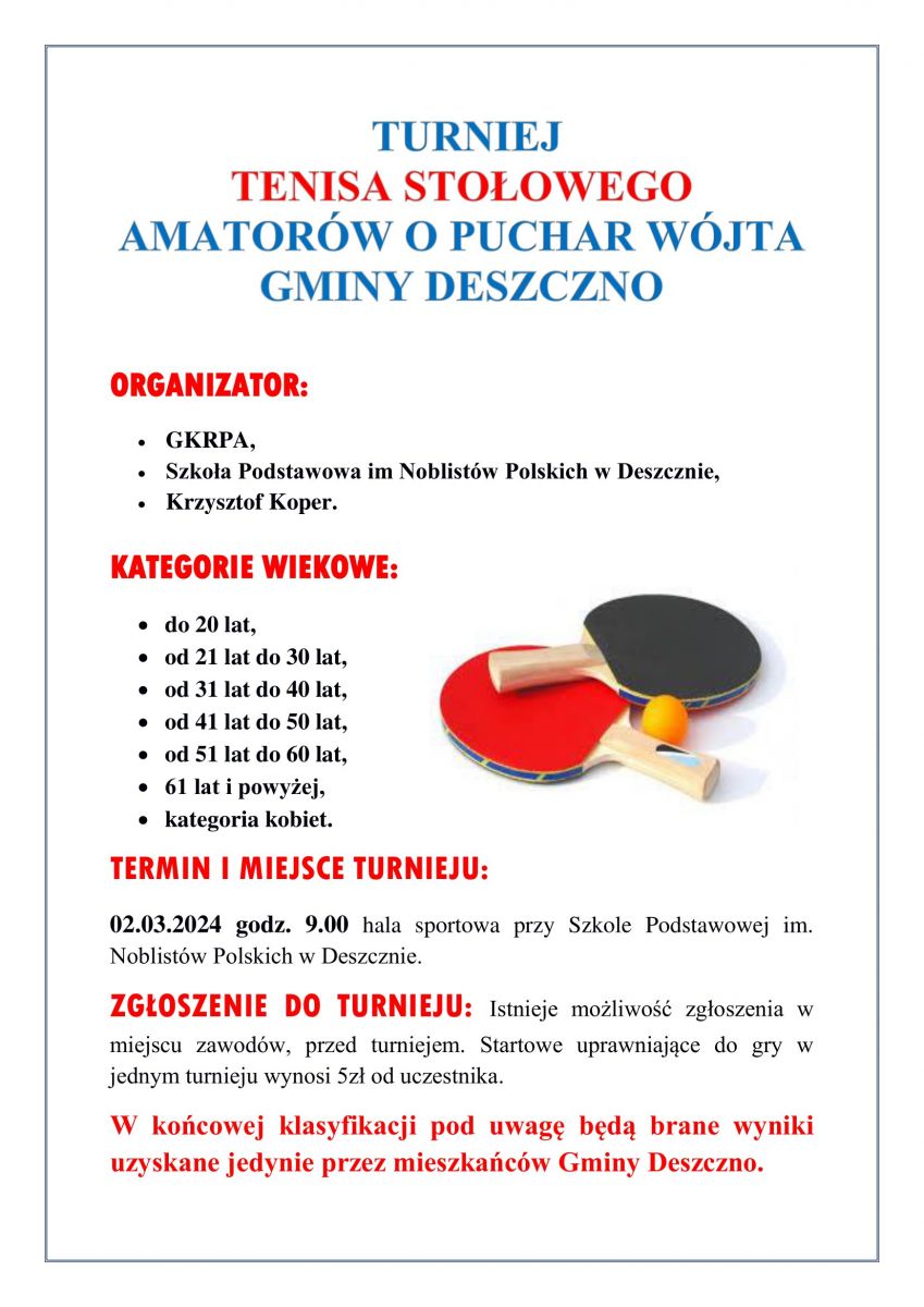 plakat turniej tenisa stołowego o puchar wójta gminy Deszczno
