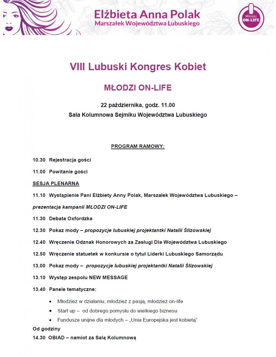 program VIII Lubuskiego Kongresu Kobiet