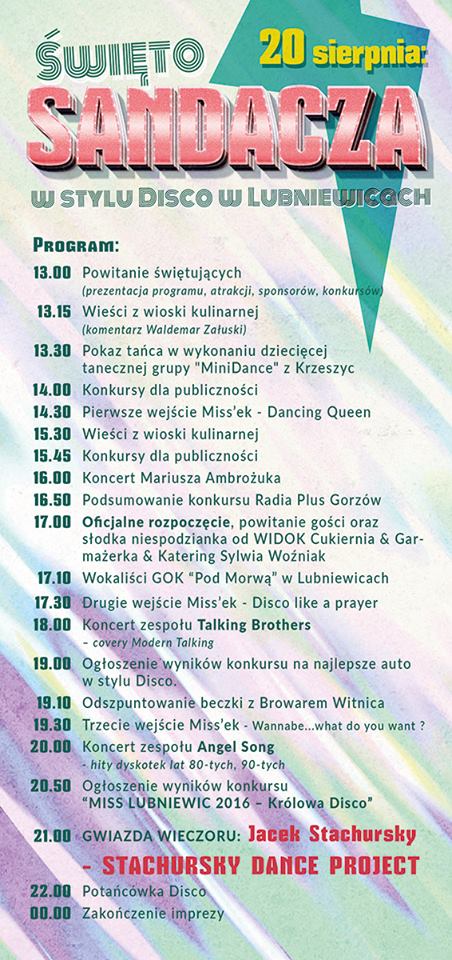 Program - Lubniewickie Święto Sandacza - 20 sierpnia 2016