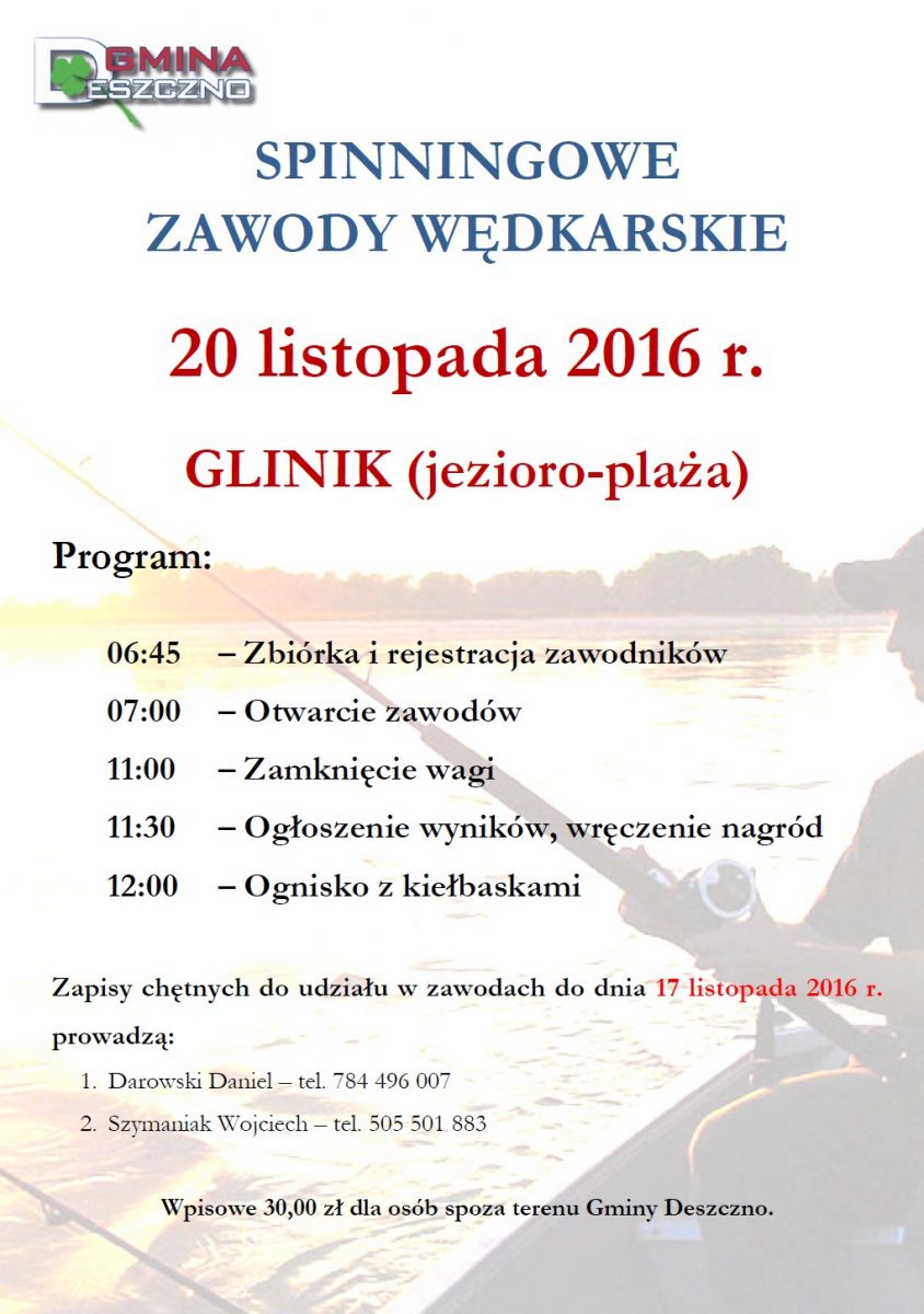 afisz spinningowe zawody wędkarskie 20 listopada 2016 Glinik